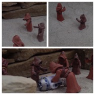 Out of the rocks scurry Jawas, no taller than Artoo. They cautiously approach the fallen droid. They wear grubby cloaks and their faces are shrouded so only their glowing eyes can be seen. They speak back and forth to one another in their high pitched language.  #starwars #anhwt #starwarstoycrew #jbscrew #blackdeathcrew #starwarstoypix #toyshelf
